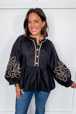 She Means Business Black Peplum Top with Tan Embroidered Details