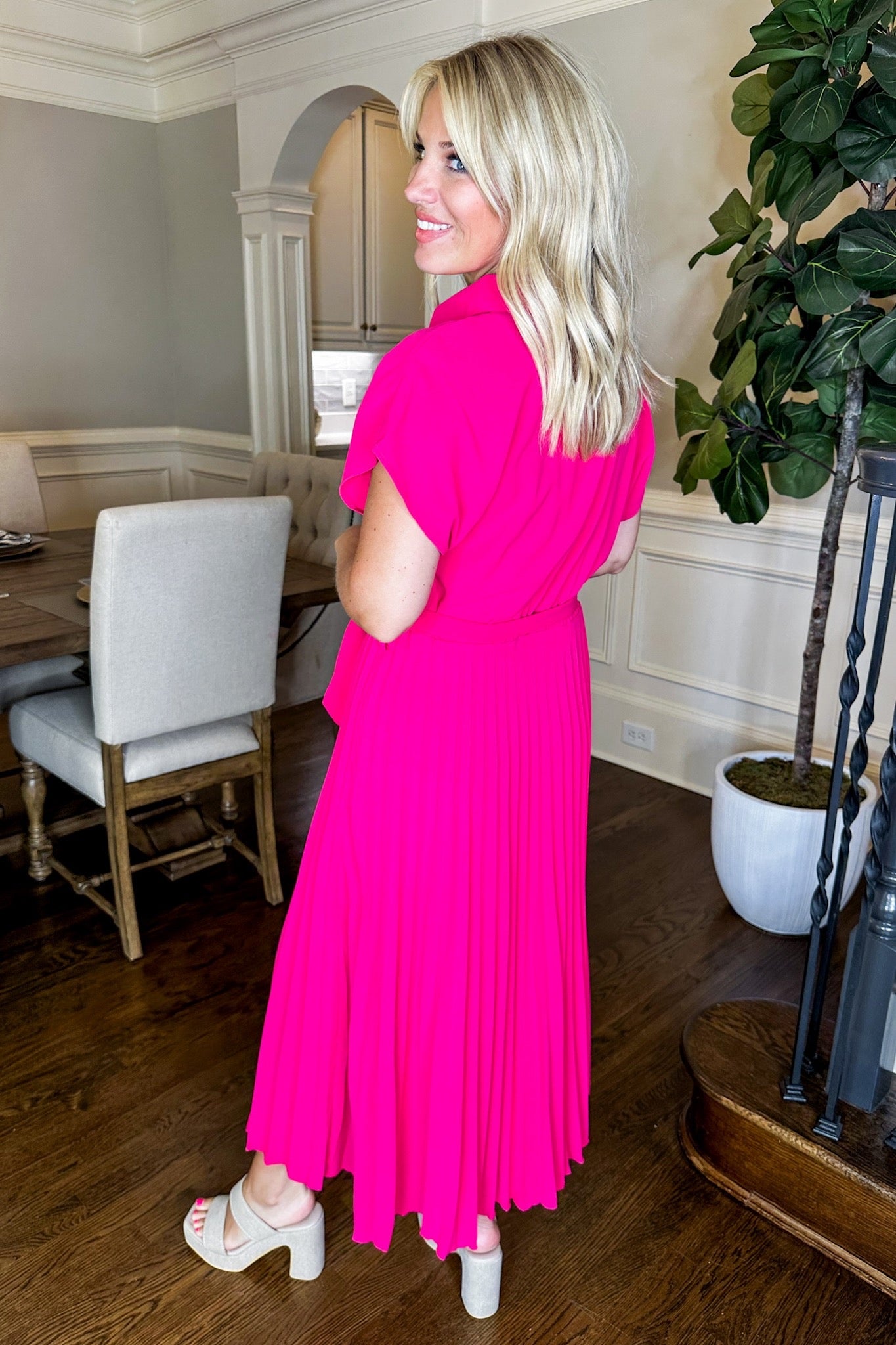 Bright pink pleated dress best sale