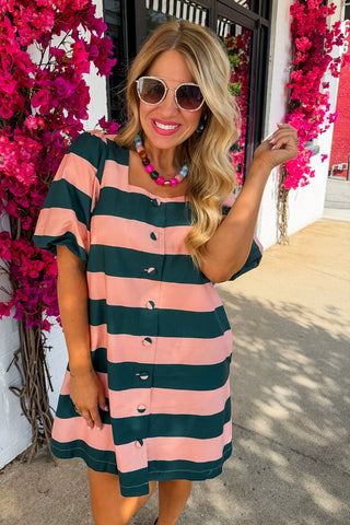 The Beverly Hills Striped Dress in Pine Green & Mauve Pink