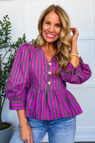 Made To Stand Out Stripe Peplum Top in Magenta & Olive