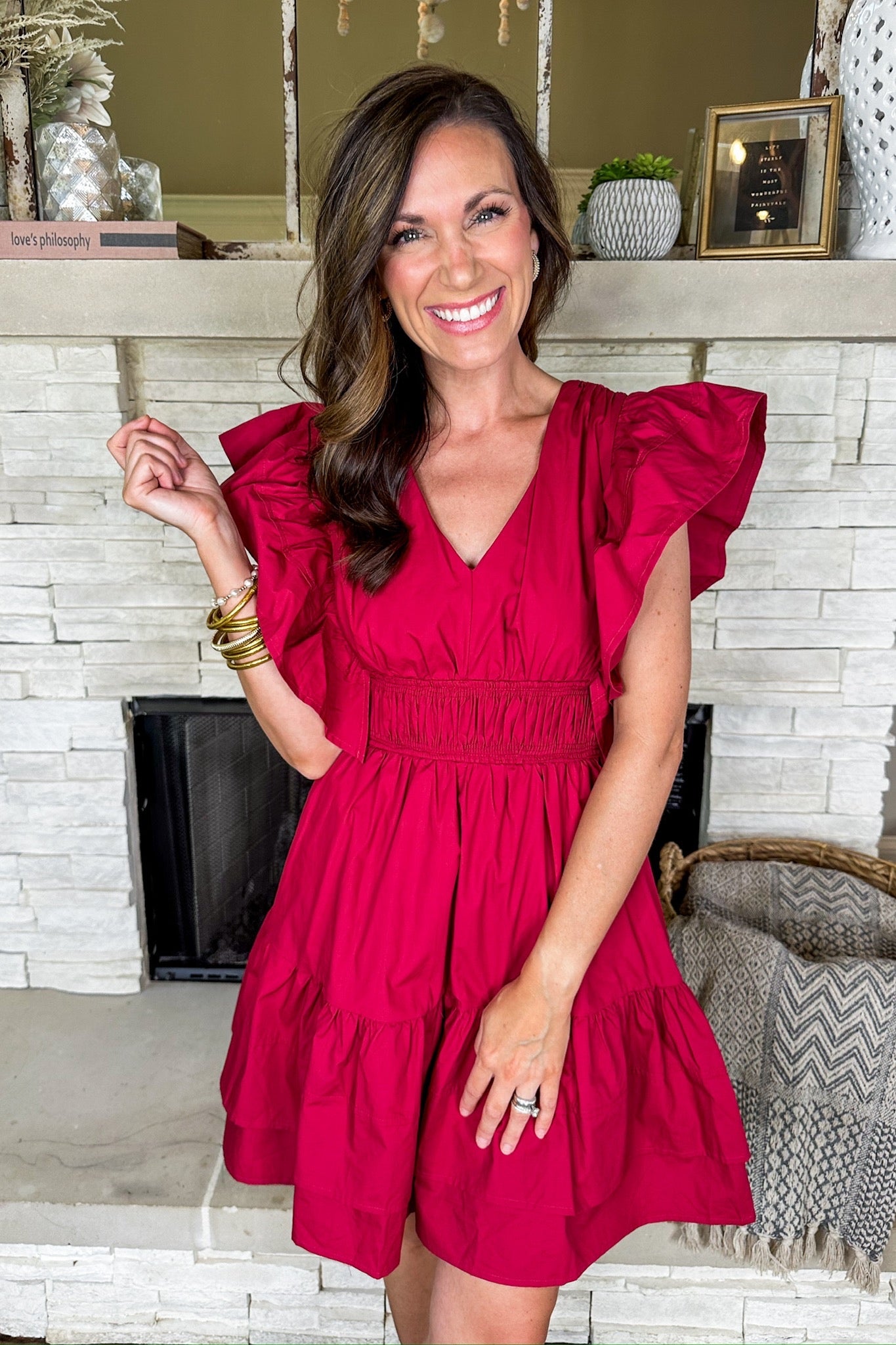 Crimson Pleated Waist Ruffle Sleeve V Neck Dress