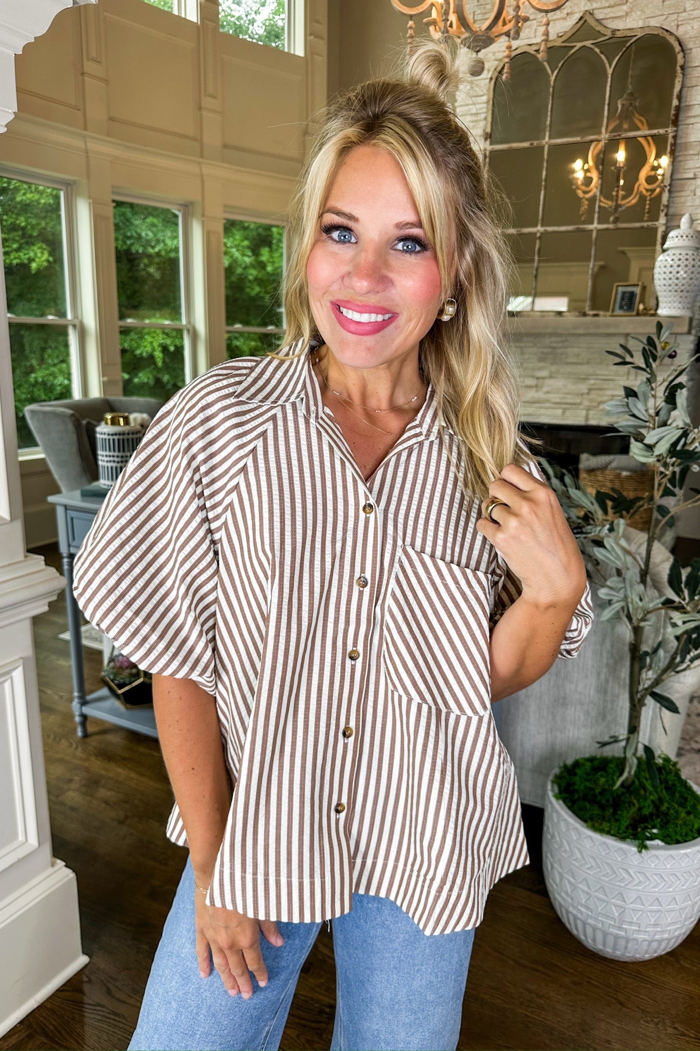 Brown Pin Stripe Bubble Sleeve Button Down Top