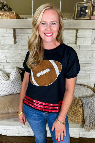 Textured Football Sequin Trim Game Day Top in Black