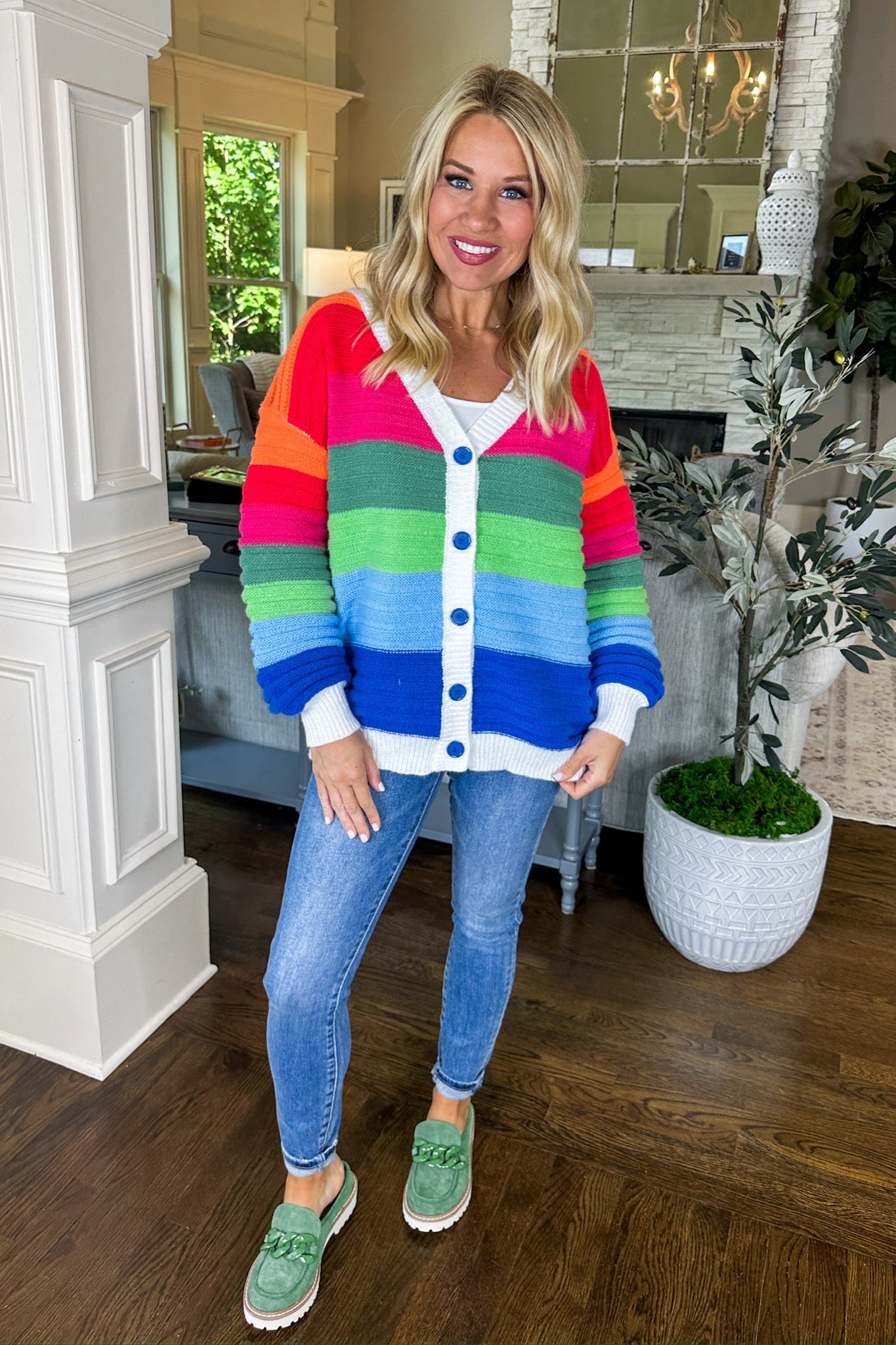 Multi Color Embossed Striped V Neck Button Down Sweater Cardigan