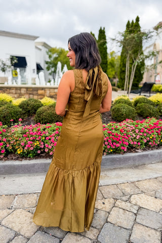 The Amelia Soirée Organza Midi Dress in Olive