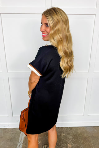 Easy Throw On & Go Collared Black Dress with Brown Contrast Trim