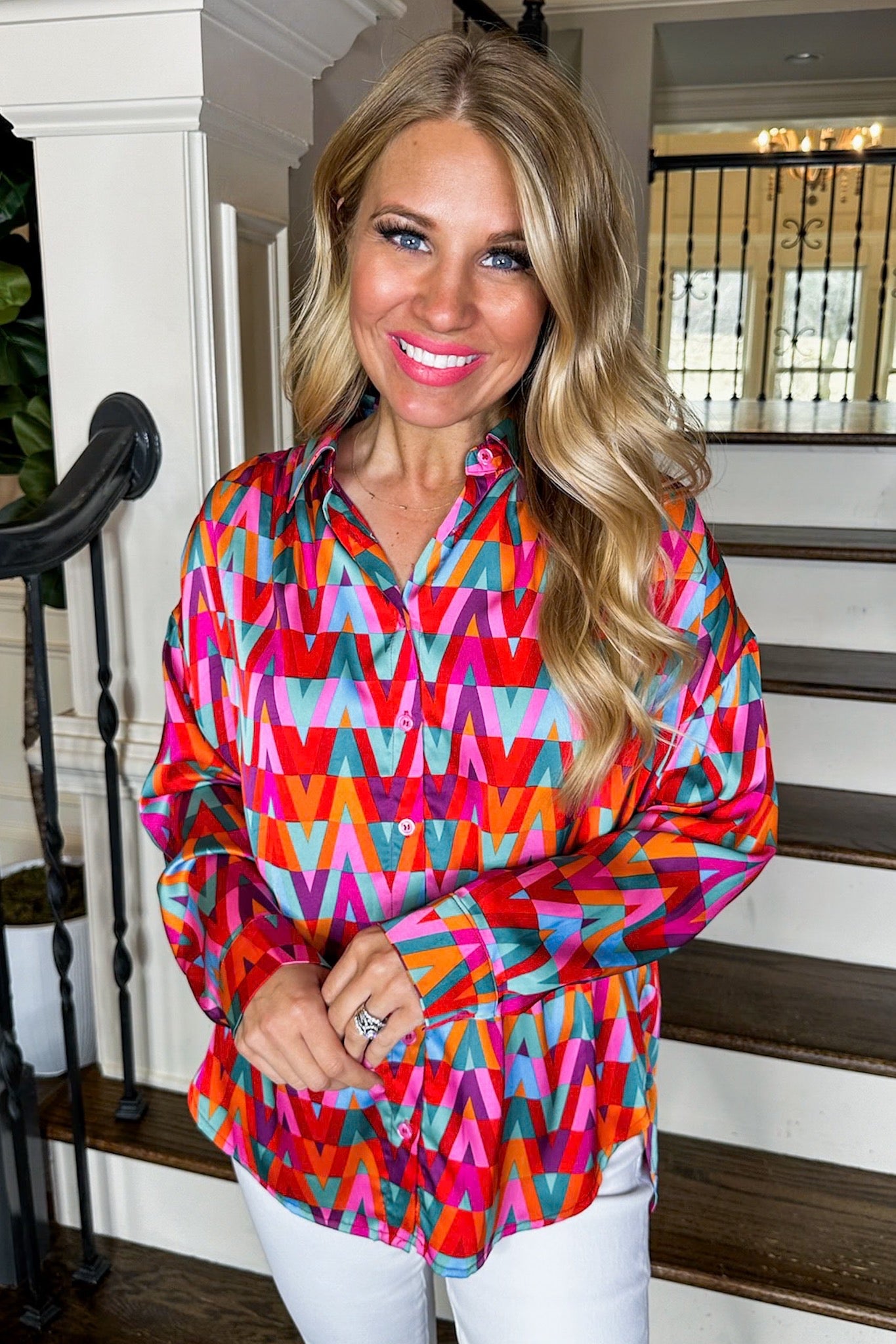 Colorful Geometric Satin Button Up Top