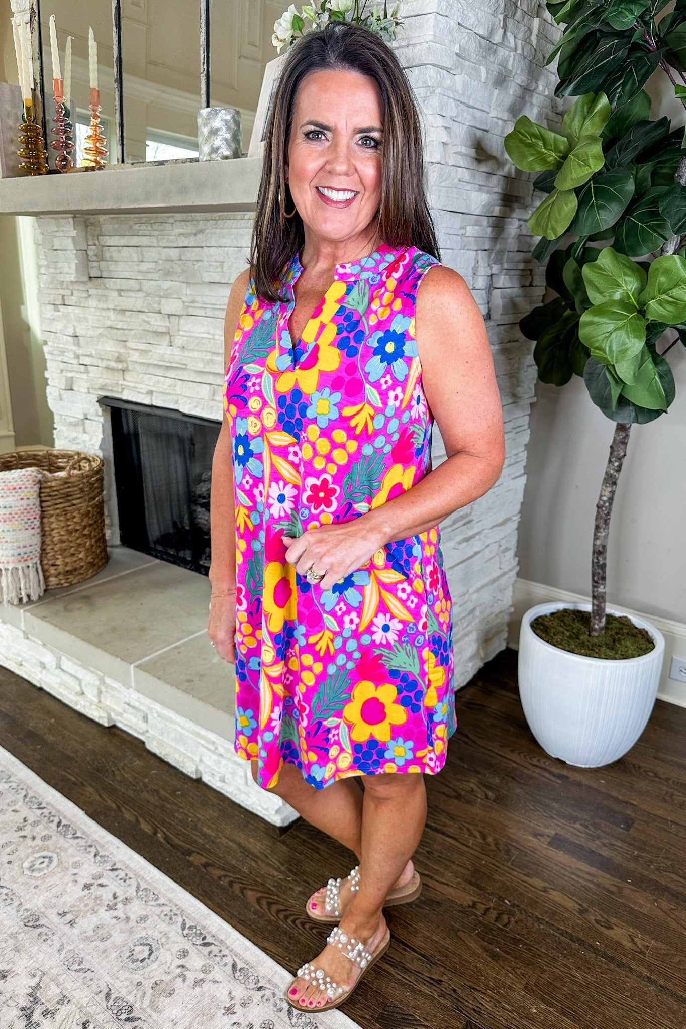 The Lizzy Pocketed Dress in Hot Pink Bold Floral