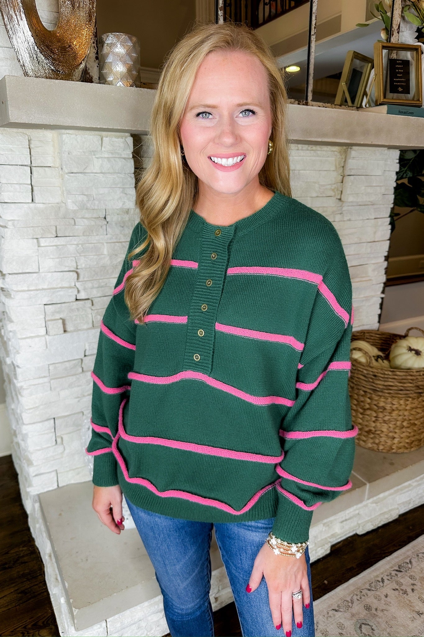 Pink Striped Henley Button Down Hunter Green Sweater