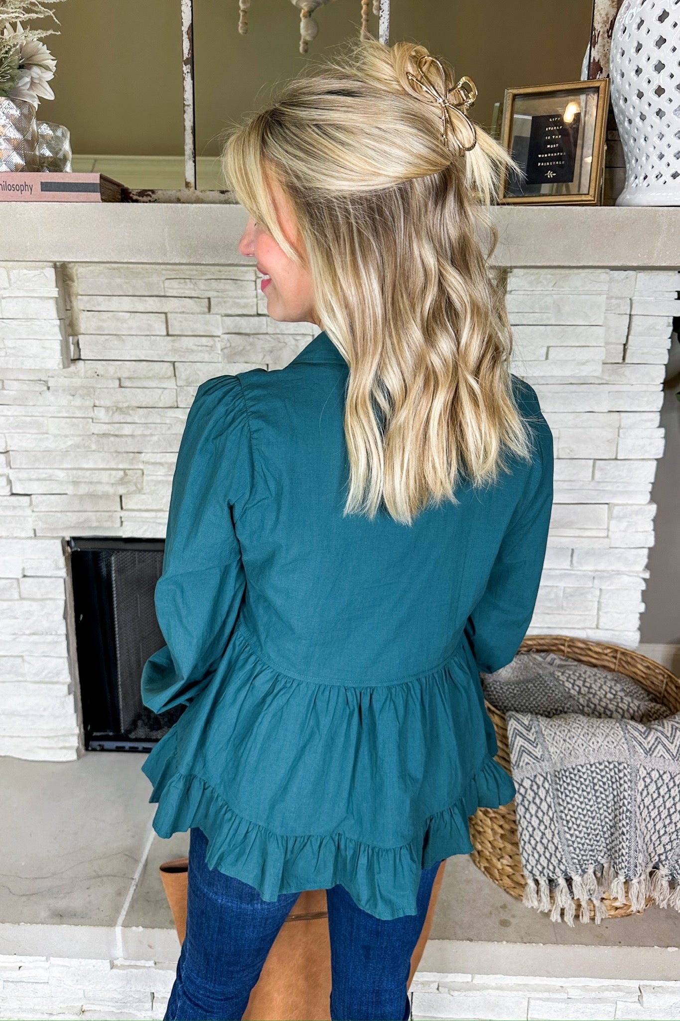 Half Button Down Tiered Babydoll Collared Top in Hunter Green