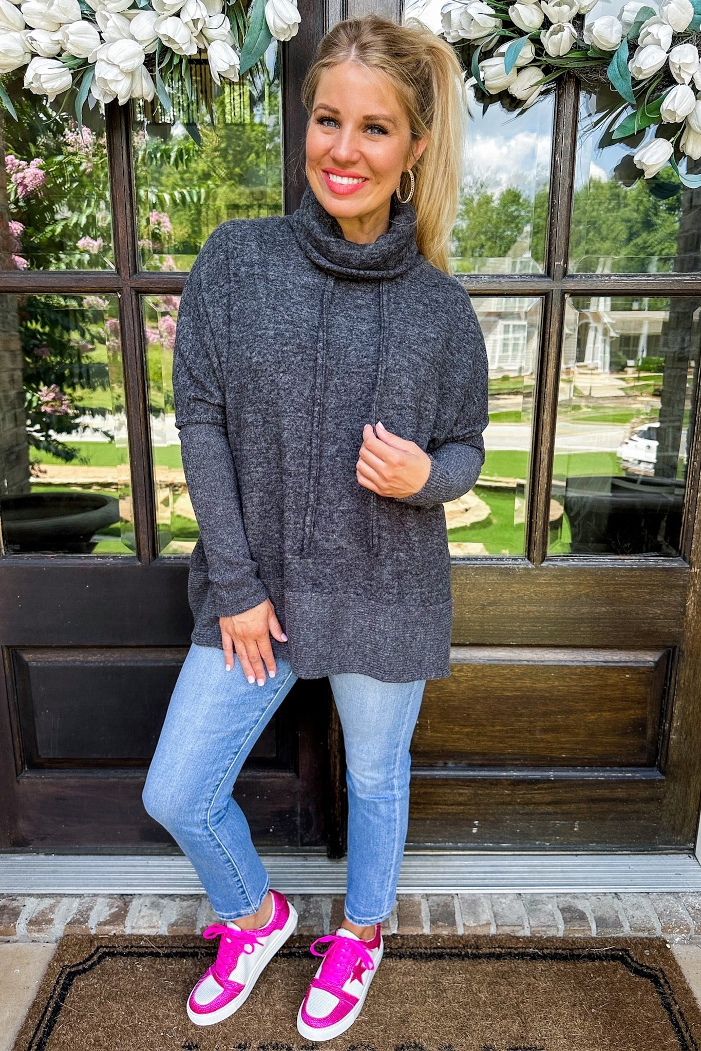 Closet Staple Soft & Fuzzy Cowl Neck Sweater in Charcoal