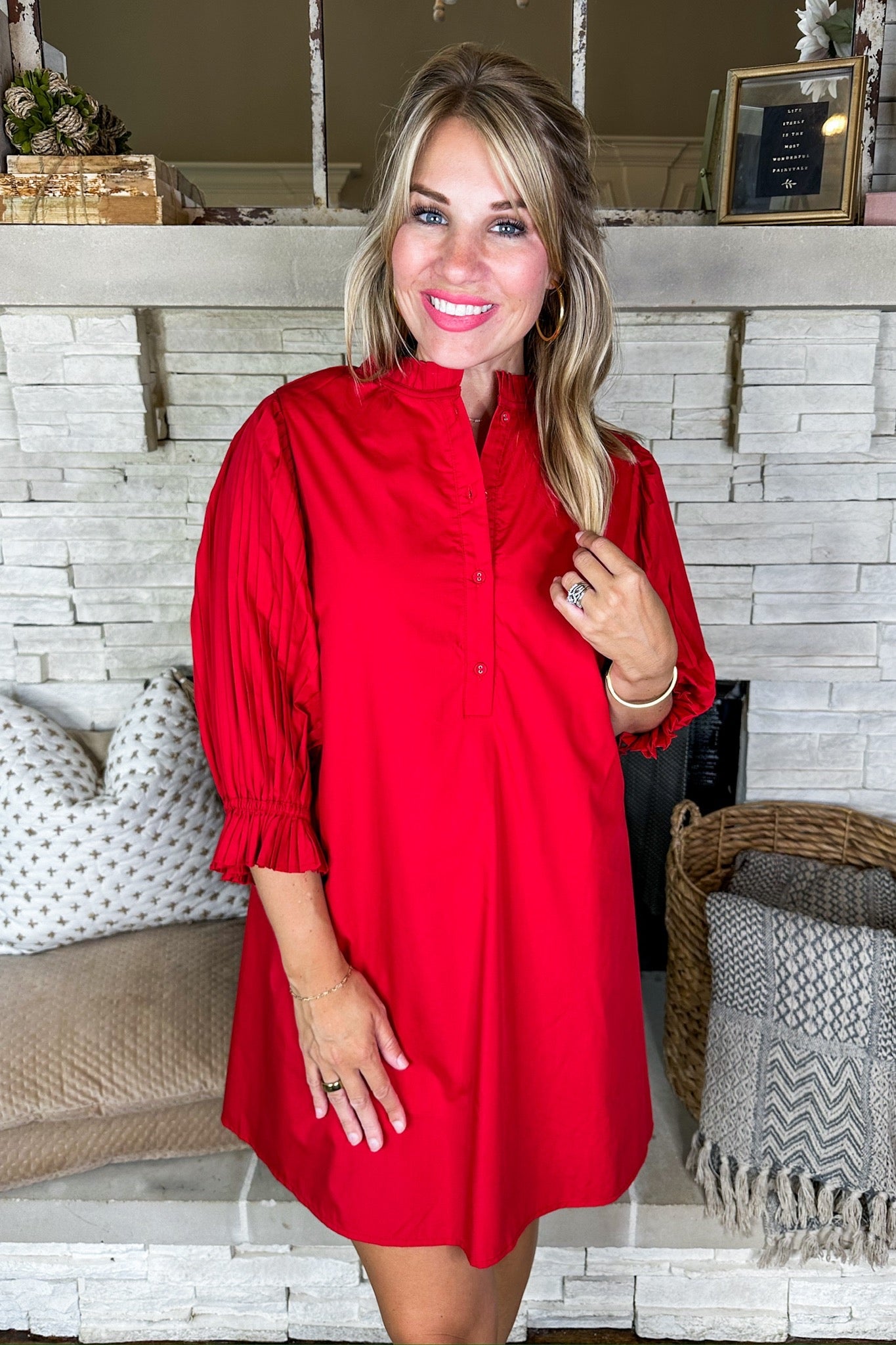 Pleat Sleeve Half Button Tie Back Poplin Dress in Red