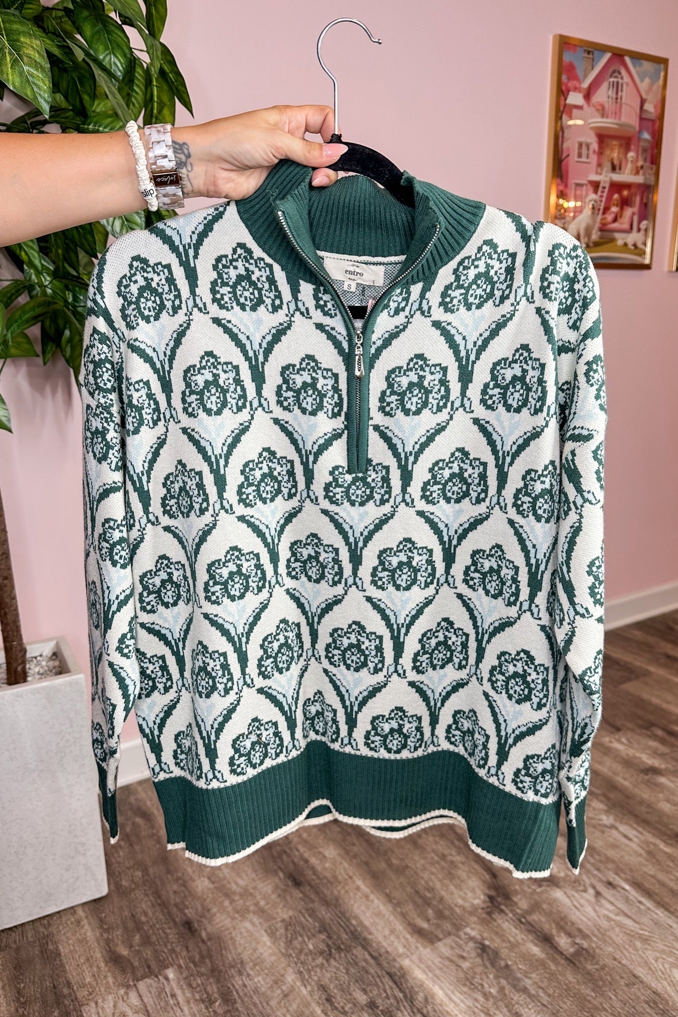 Hunter Green Mirrored Floral Zip Up Knit Pullover