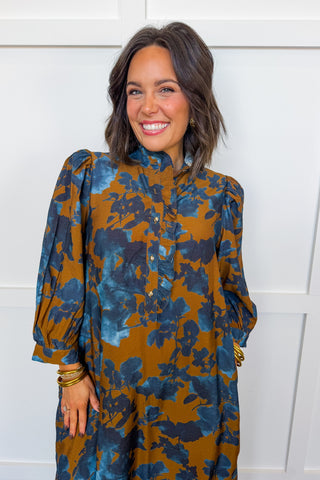 Social Season Button Front Midi Dress in Camel & Blue Floral