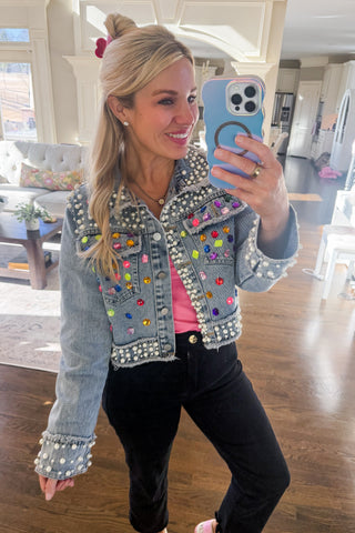 The Main Character Pearls & Gemstones Denim Jacket