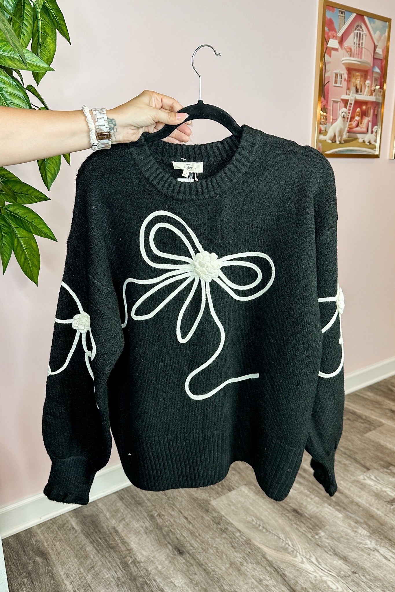 White Crochet Ribbon Bow Black Sweater