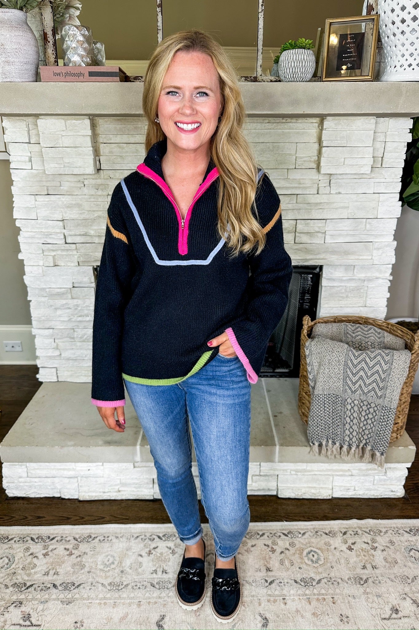 Multi Color Trim Ribbed Knit Quarter Zip Pullover