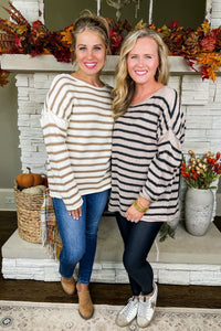 Stay On Track Striped Knit Sweater in Off White & Mocha