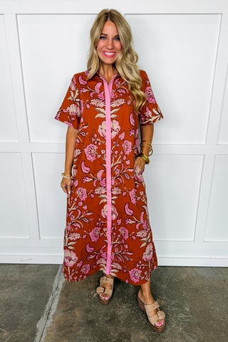 The Kayla Floral Midi Dress in Rust