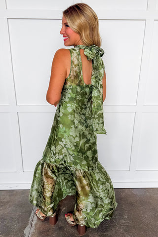 The Amelia Soirée Organza Midi Dress in Green Floral