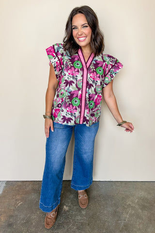 Multi Print Floral Blouse In Plum & Pink