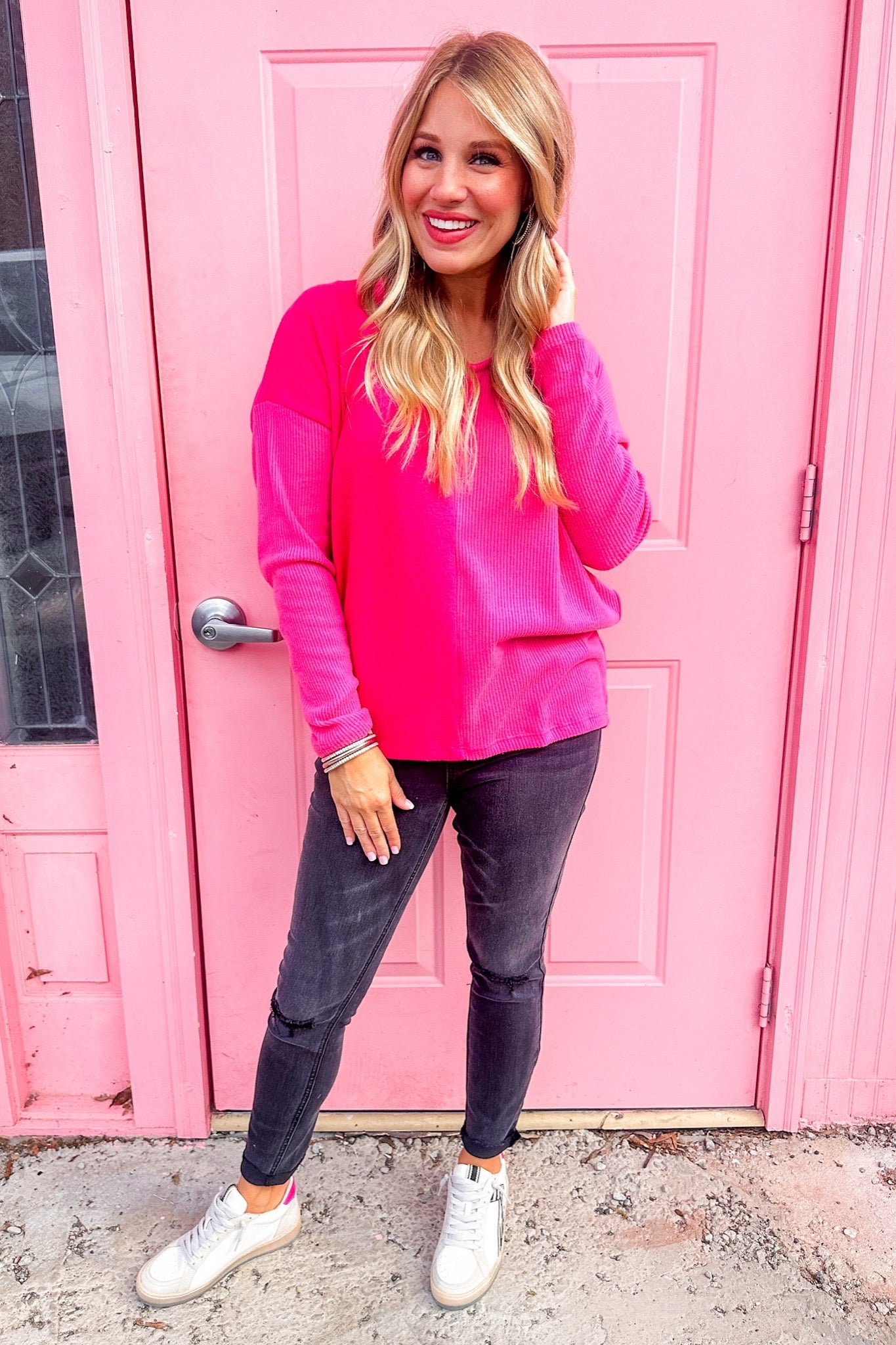 Two Toned Ribbed Fleece Pink Sweater