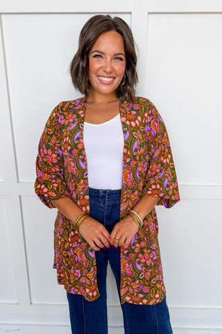Dear Scarlett Lizzy Gather Sleeve Cardigan in Olive Floral