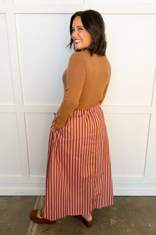 Sunday Style Stripe Midi Dress in Camel & Pink