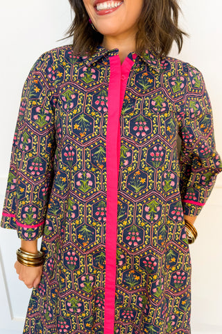 Floral Mosaic Contrast Trim Midi Dress in Navy & Magenta