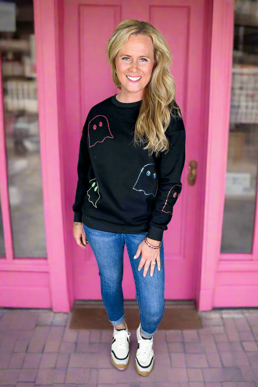 **PRE-ORDER** Super Cozy Black Multi Color Sequin Ghost Pullover