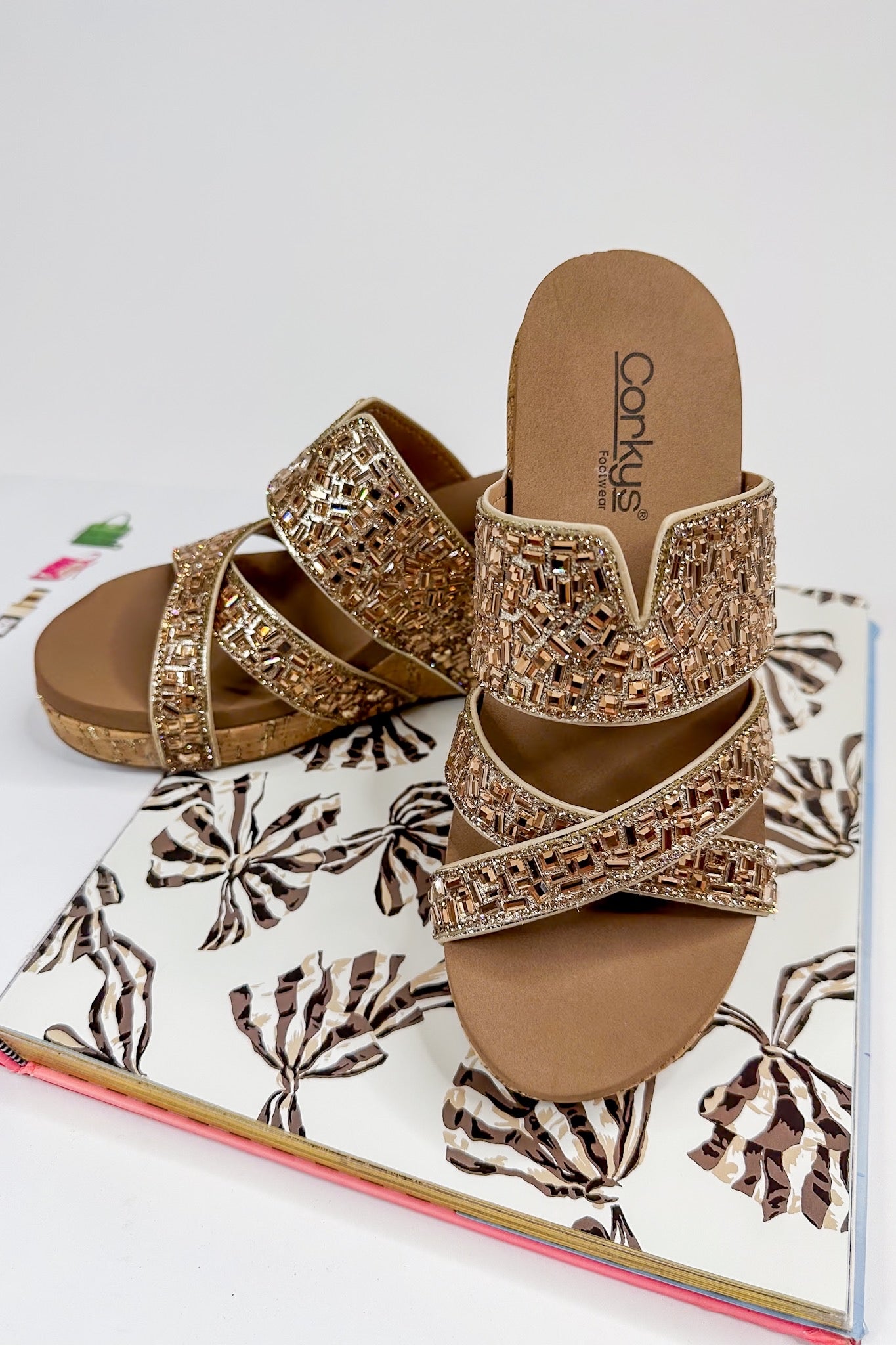 Gold Sparkle Stones Strappy Corkys Wedges