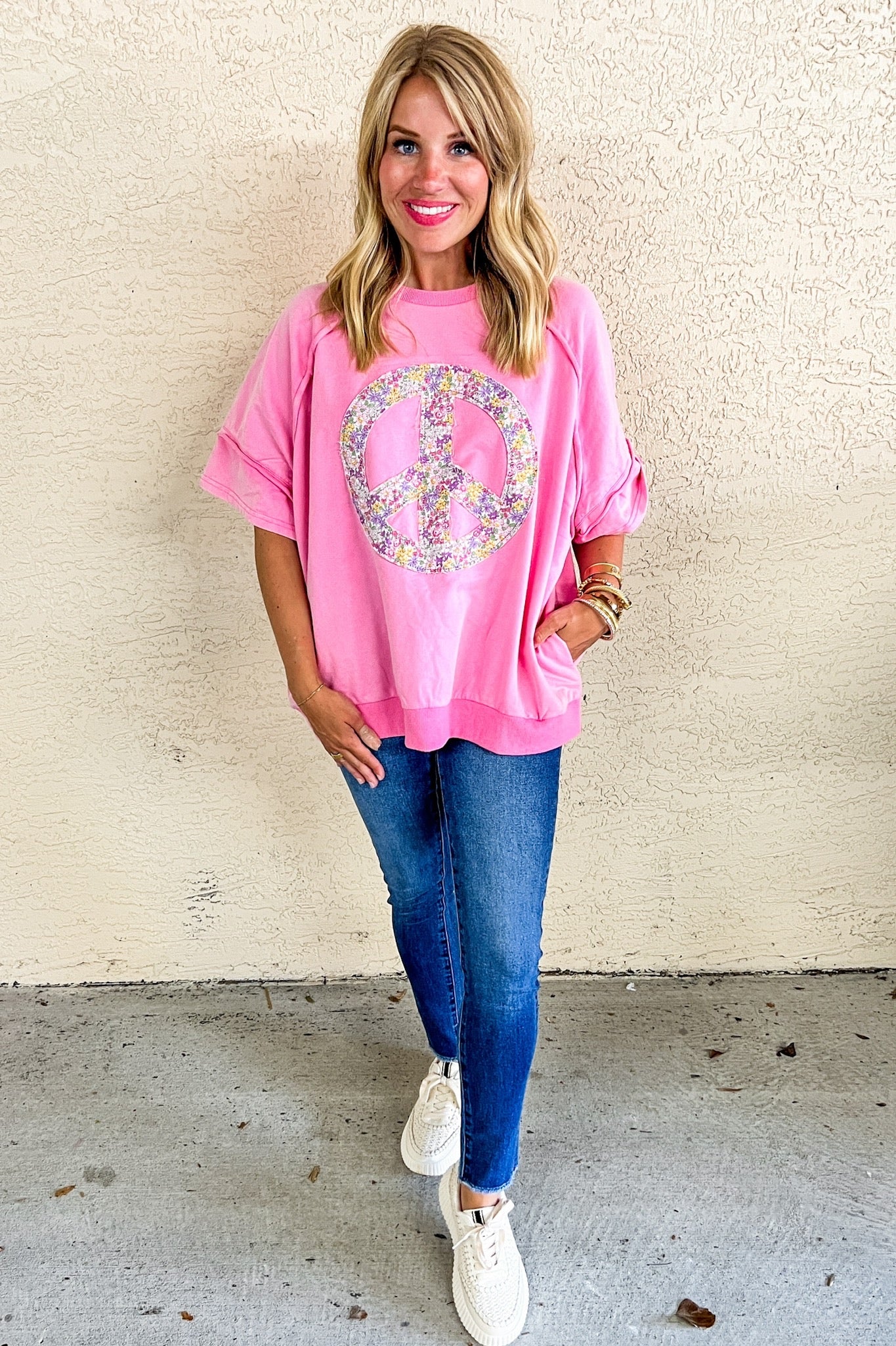 Floral Peace Sign Exposed Seam Pink Top