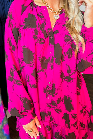 Sketched Floral Tunic Dress in Fuchsia