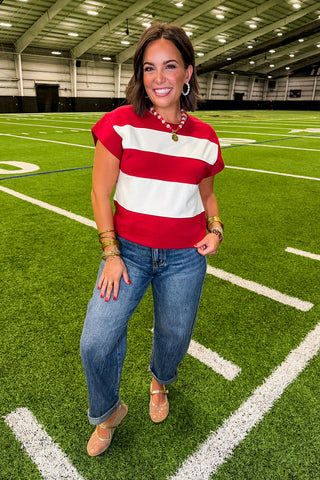 Kickoff Color Block Top in Crimson & Ivory