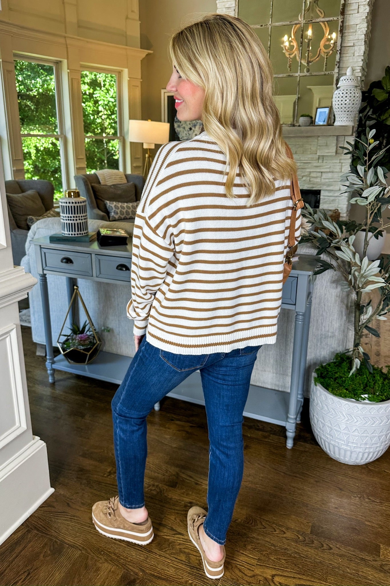 Cream & Cinnamon Brown Stripe Ribbed Trim Sweater