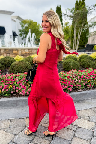 The Amelia Soirée Organza Midi Dress in Burgundy