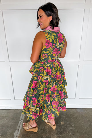 Vintage Bloom Pink & Olive Tie Waist Midi Dress