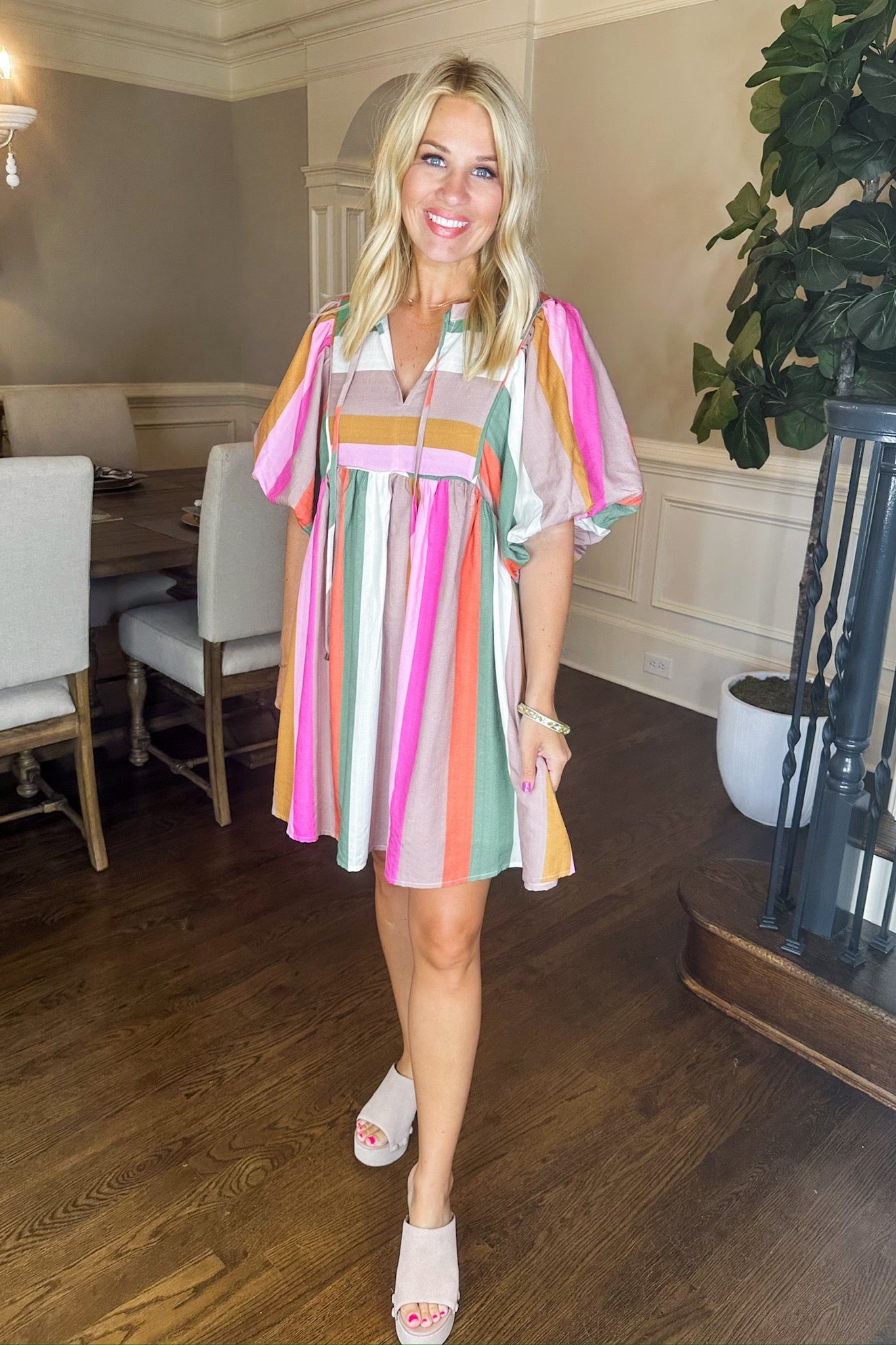 Multi Stripe Bubble Sleeve Peasant Style Dress