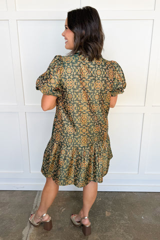 Printed Promise Drop Waist Dress in Hunter Green
