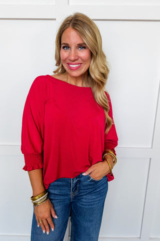 Dear Scarlett Mila Smocked Dolman Sleeve Top in Jewel Red