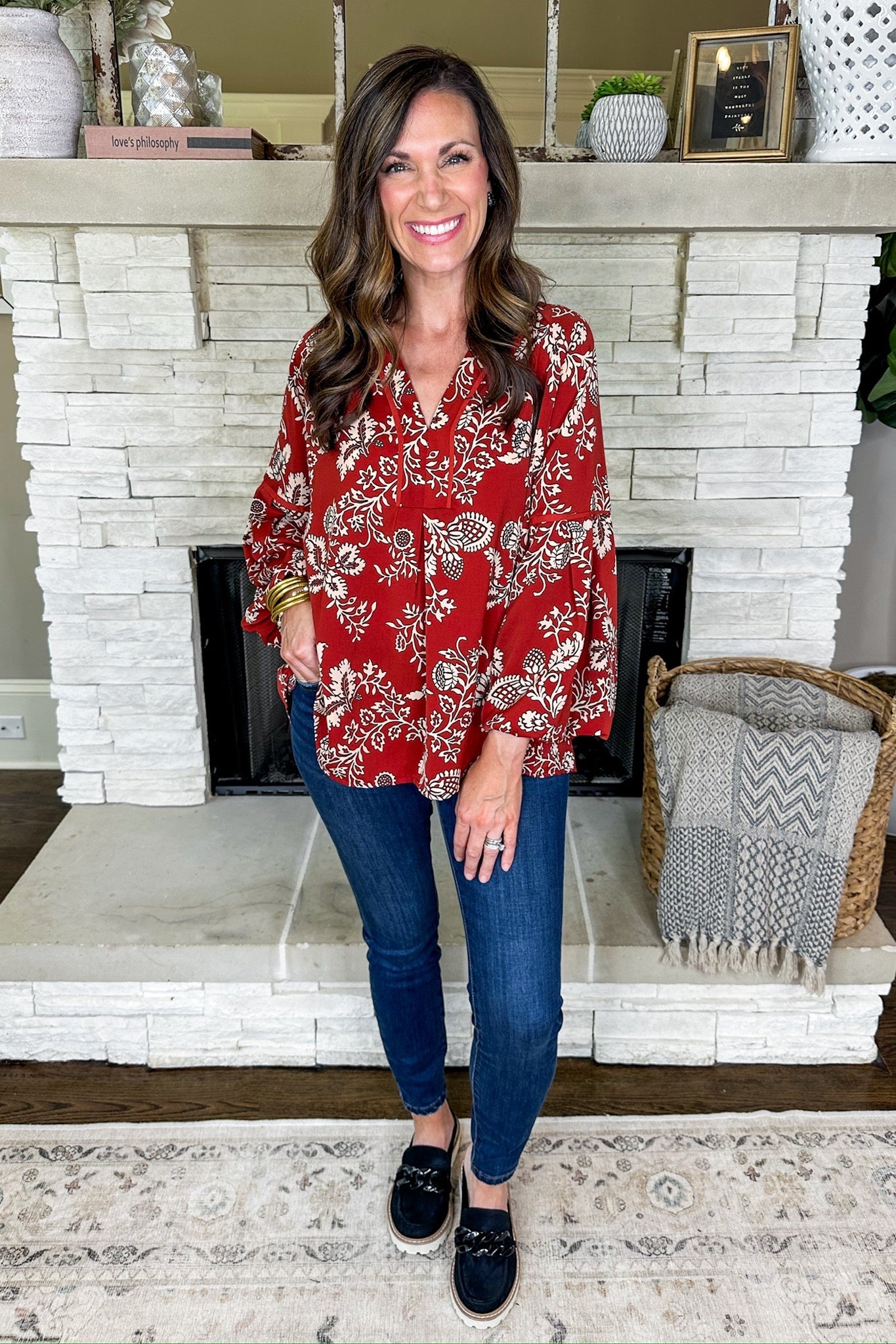 V Neck Bell Sleeve Rust Paisley Floral Top