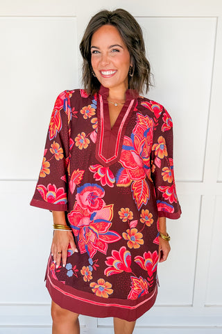 Pink Punch Floral Dress in Brown