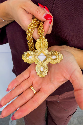 Chapel Cross Pendant Necklace in Gold & Pearl