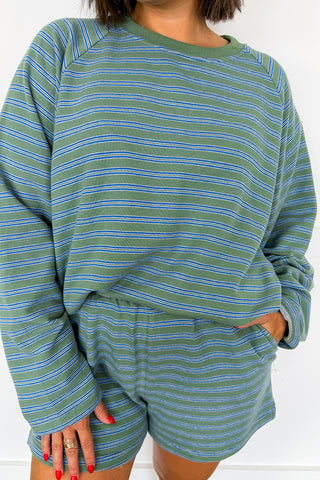 Keep It Casual Olive & Blue Stripe Short Set