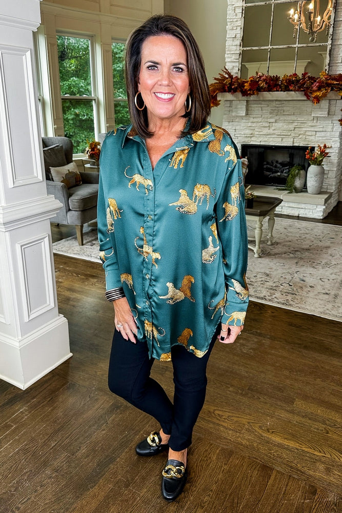 Steal Your Attention Jaguar Print Satin Top in Hunter