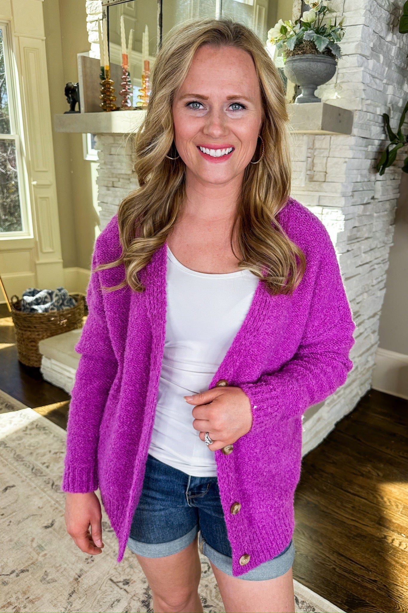 Cozy Knit Wood Button Cardigan in Orchid