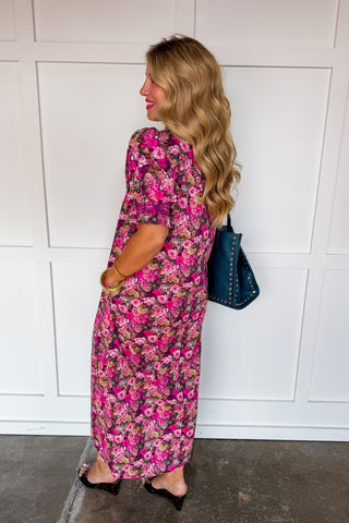 The Madeline Puff Sleeve Midi Dress in Magenta Floral