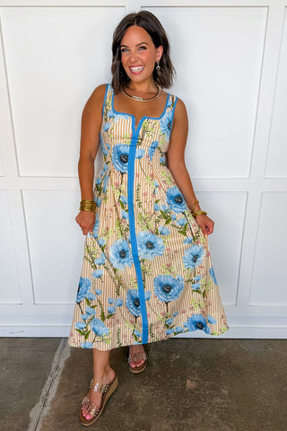 Just Feels Right Stripe Dress in Taupe & Blue Floral
