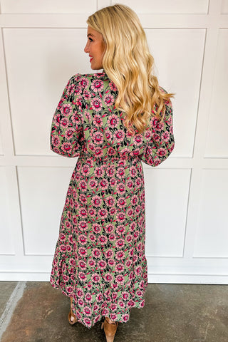 Juliette Floral Printed Maxi Dress in Pink & Burgundy