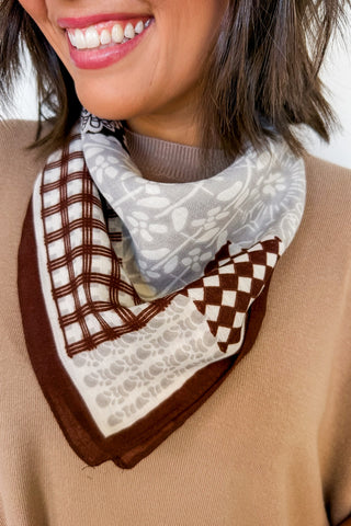 Vintage Patchwork Silk Scarf in Brown
